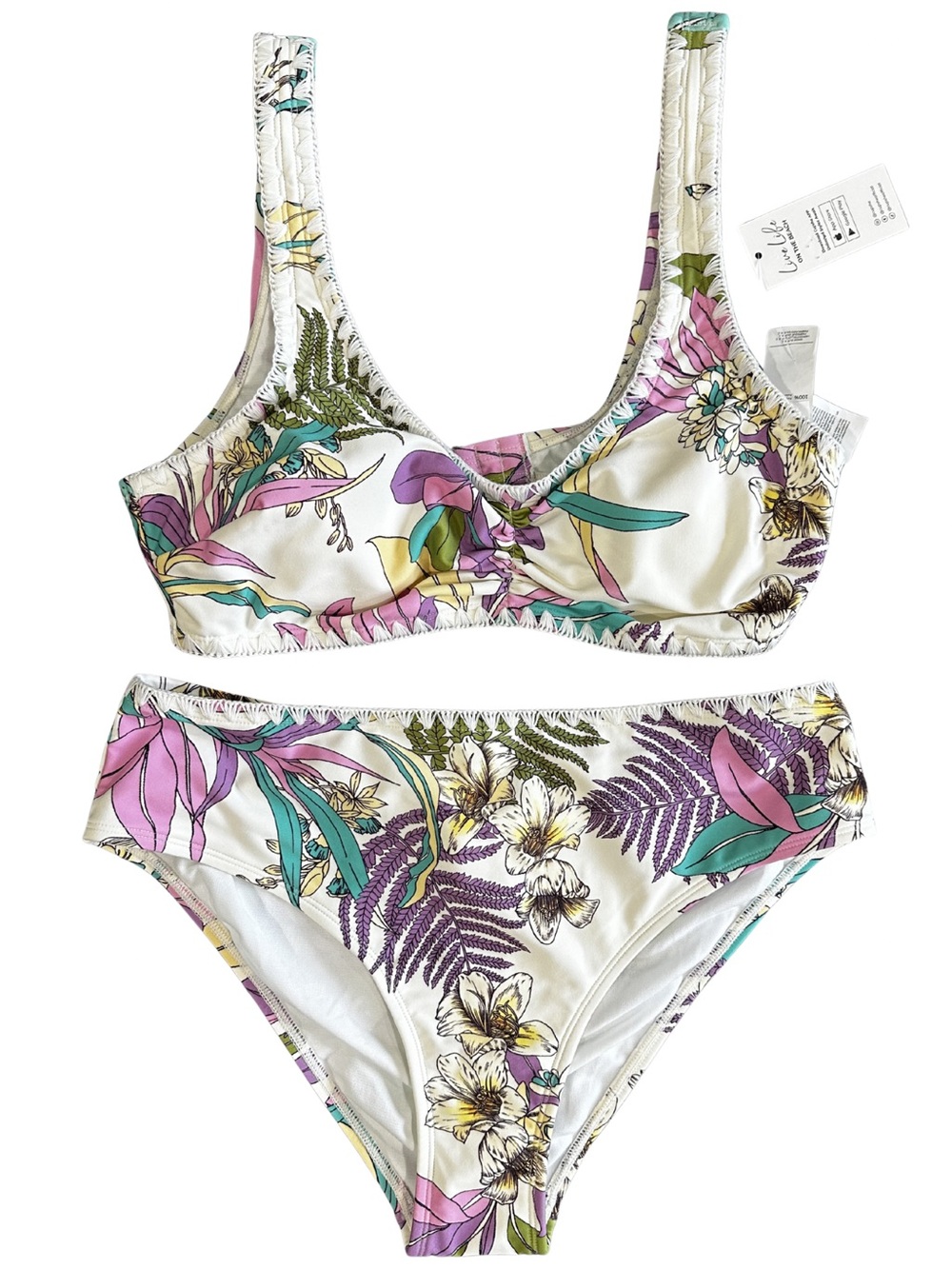 Cupshe Tropical Floral Bikini Set Shell Stitch Ruched Top Mid Rise Medium NWT